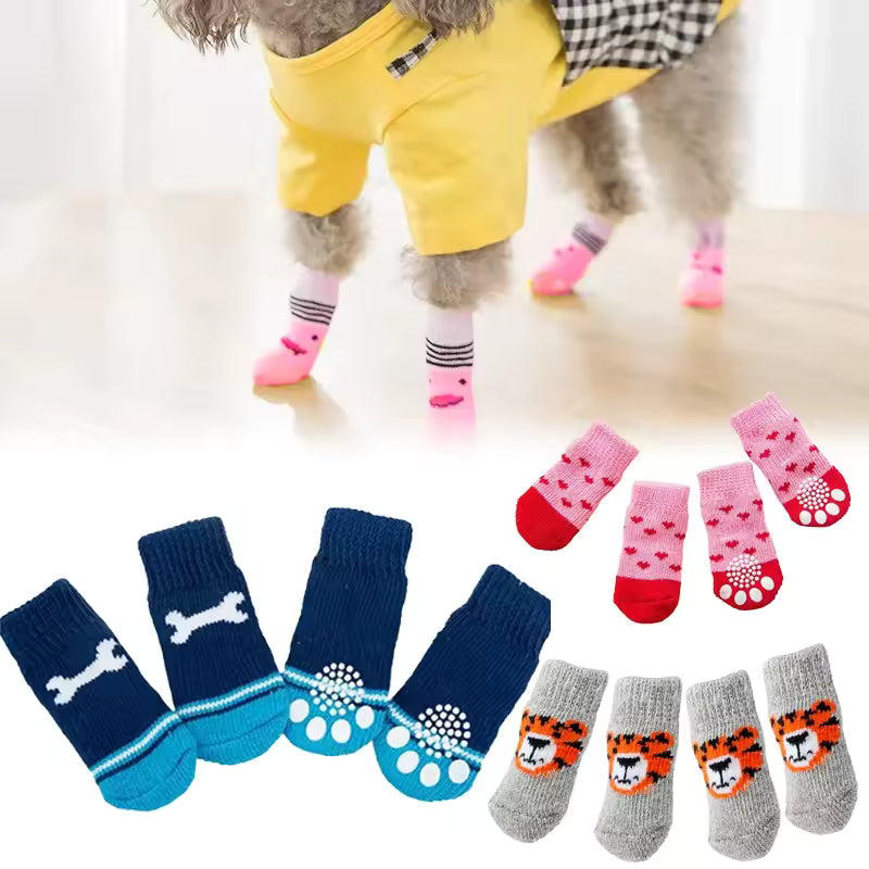 4Pcs Winter Pet Dog Socks Anti Slip Warm Knit Tiger Design Paw Protector Booties for Cats Dogs Indoor Outdoor Xmas Gift Dog Sock