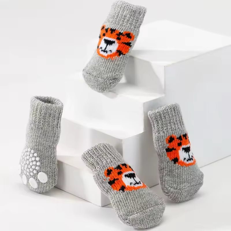 4Pcs Winter Pet Dog Socks Anti Slip Warm Knit Tiger Design Paw Protector Booties for Cats Dogs Indoor Outdoor Xmas Gift Dog Sock